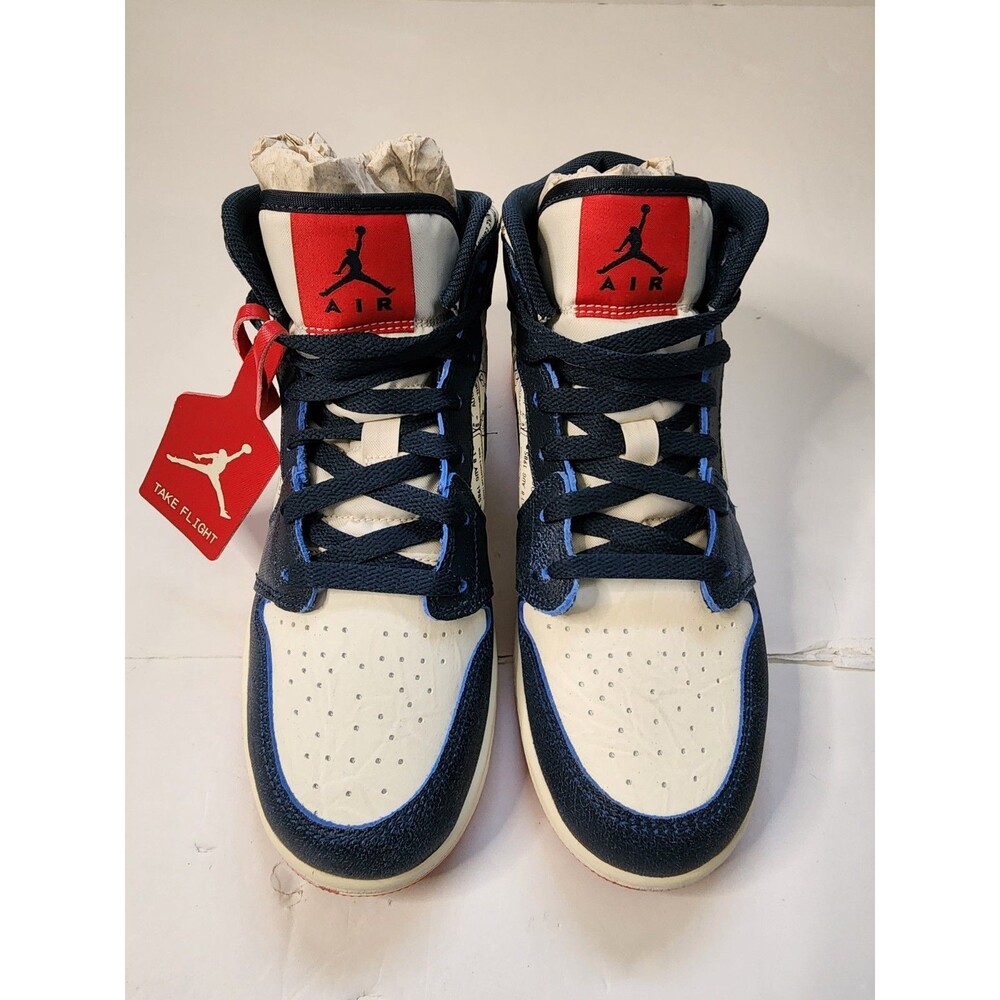 Nike Air Jordan 1 Mid SE (GS) Take Flight Sneakers Youth 6.5 Navy Gold Ivory Red